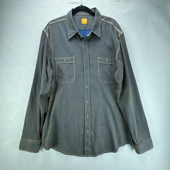Hugo Boss Shirt Mens XXL 2XL Blue Button Up Striped Cotton Roll Up Sleeves - Picture 1 of 16